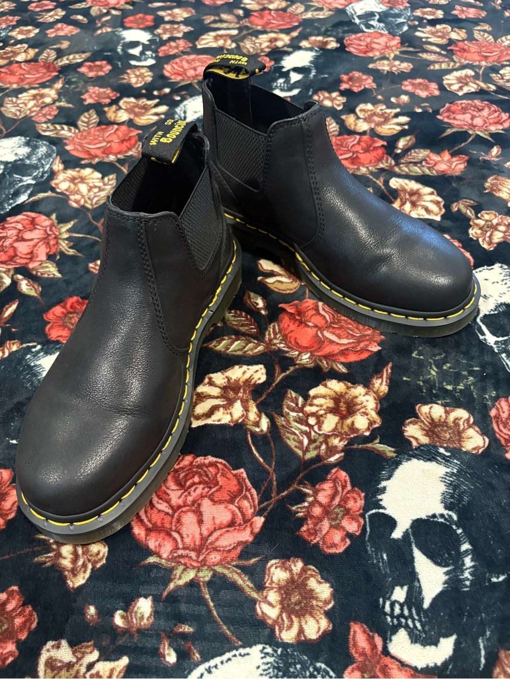 Dr. Martens Black Leather Chelsea Boots with Yellow Stitching